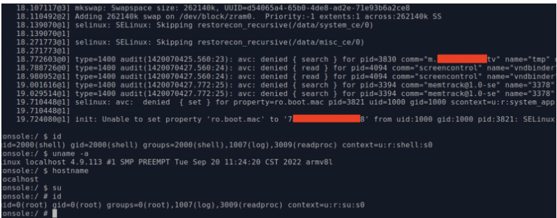 Görsel 7. UART Hata Ayıklama Portu Üzerinden Sağlanan Erişimde Parolasız Terminal Erişimi ve Parolasız "root" Kullanıcısına Geçiş