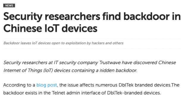 Görsel 8. internetofbusiness.com'da Yayınlanan Çin Menşei'li IoT Cihazlarında Tespit Edilen Arka Kapı (Backdoor) ile İlgili Haber