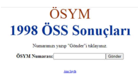1998 yılı ÖSS sınav sonuçları sayfası 